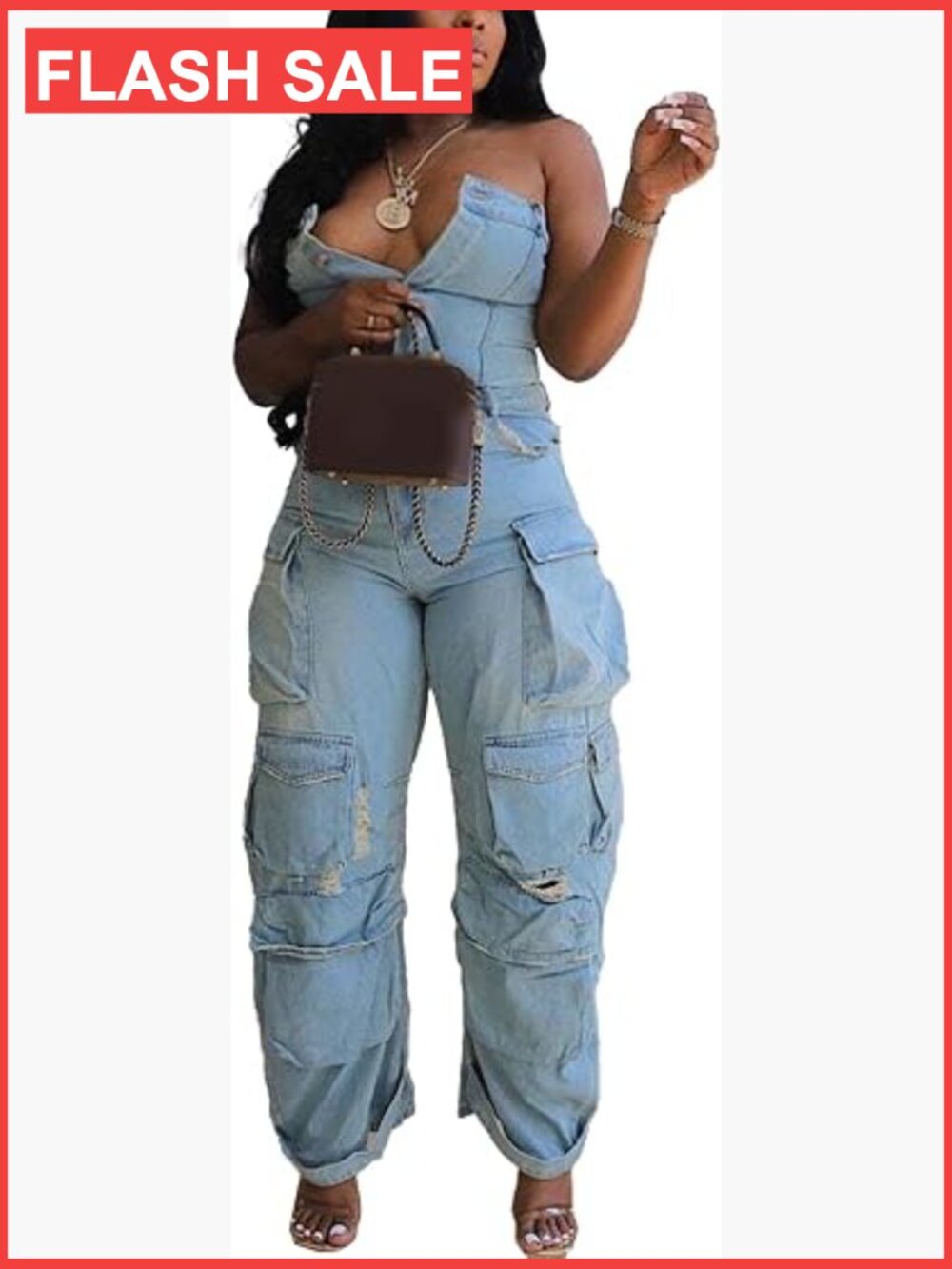 Strapless Cargo Denim Jumpsuit Wide Leg Multi Pockets Baggy Jean Romper